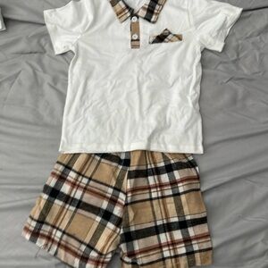 Plaid Collar White Shirt and Plaid Shorts Set
